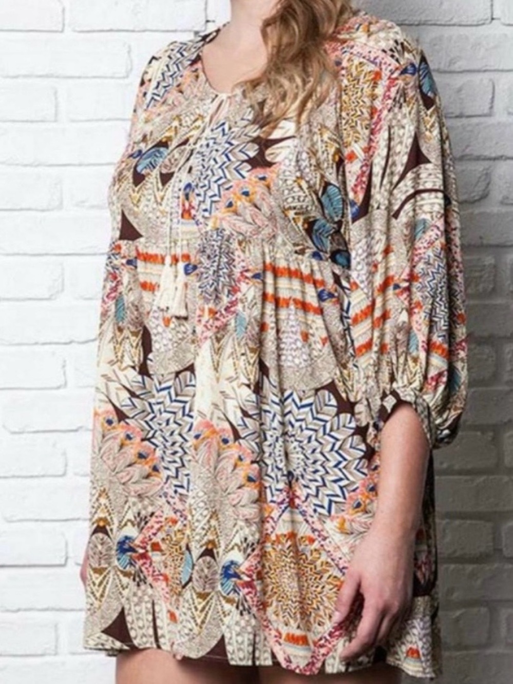 Umgee Feather Print Boho Babydoll Dress Cotton/Polyester Size M